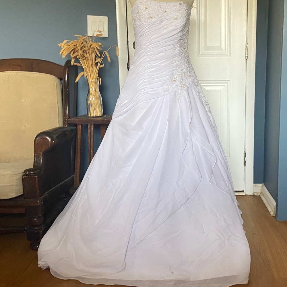 DaVinci White Strapless A-Line Wedding Gown with Beaded Bodice